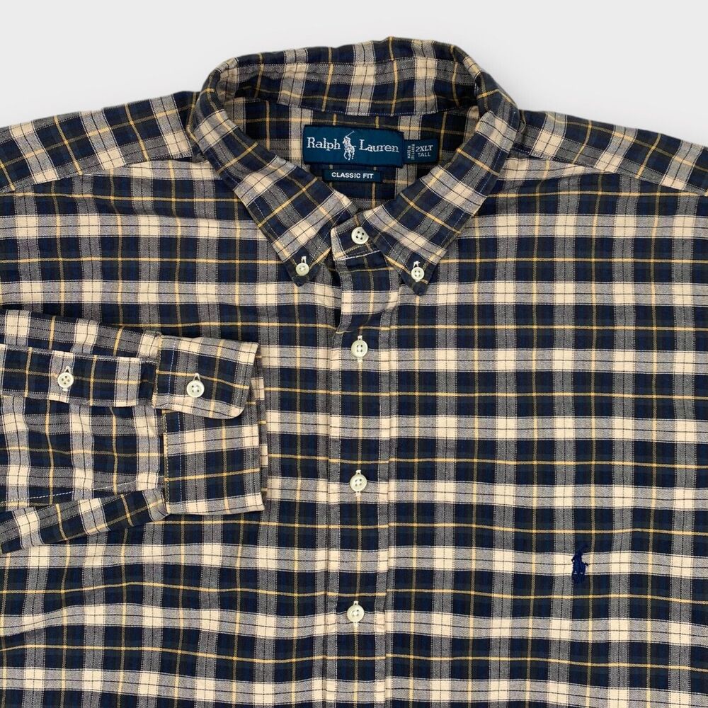 VINTAGE Ralph Lauren Shirt Mens 2XLT Tall Beige Black Check Woven Button Down